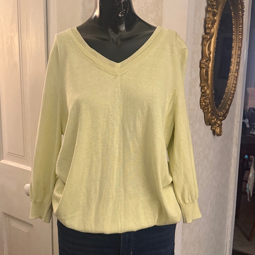 Talbots Petite XL Lemon Yellow V-Neck 3/4 Sleeve Silk Blend Lightweight Sweater